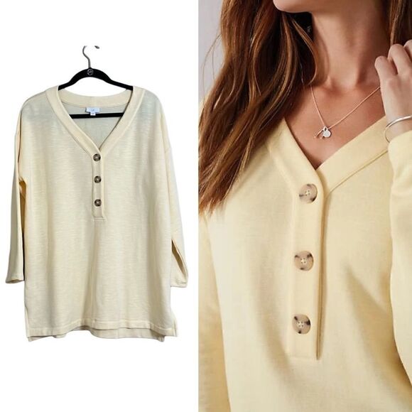 J.Jill- Women’s Butter Yellow Knit Long Sleeve Tunic Henley Button Top, XL P - Picture 1 of 11